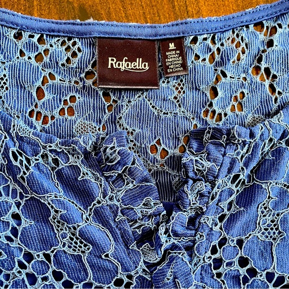 Blue lace blouse by Rafaela Size Medium. Like New 3/4 bell sleeve. - Picture 5 of 5